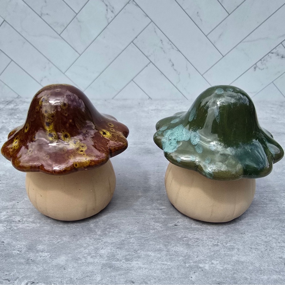 Ceramic Mushroom Figurine Set Brown Green Reactive Glaze Cottagecore Decor 2pc